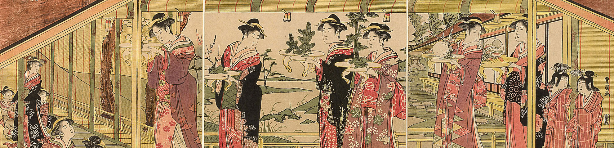 Utagawa Toyokuni I - A procession of women holding shimadai decorations (Detail) - 1784-1806. The Art Institute of Chicago.